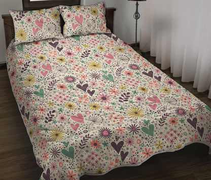 Girly Heart And Flower Pattern Print Quilt Bed Set