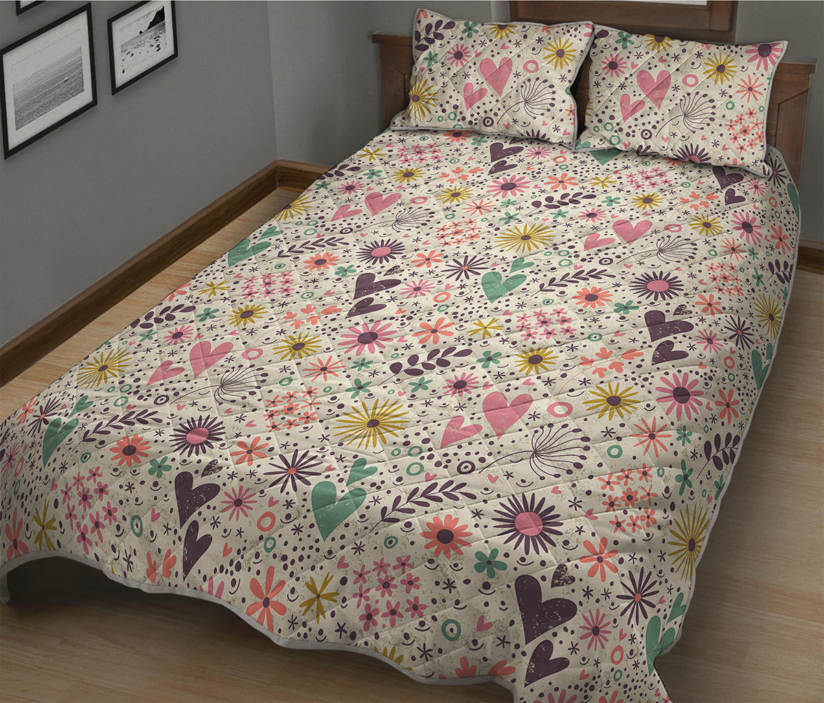 Girly Heart And Flower Pattern Print Quilt Bed Set