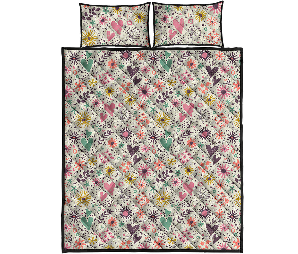 Girly Heart And Flower Pattern Print Quilt Bed Set
