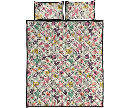 Girly Heart And Flower Pattern Print Quilt Bed Set