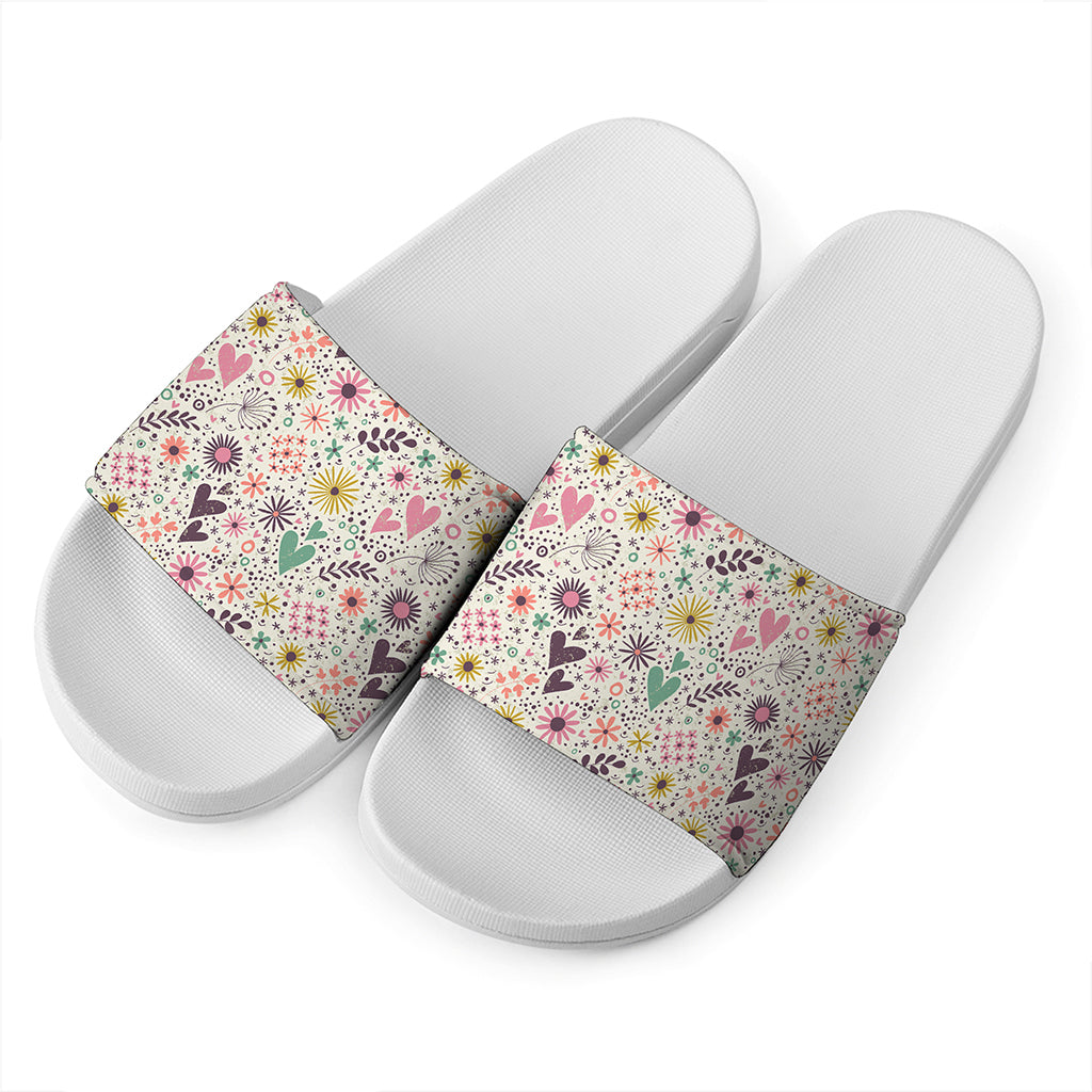 Girly Heart And Flower Pattern Print White Slide Sandals
