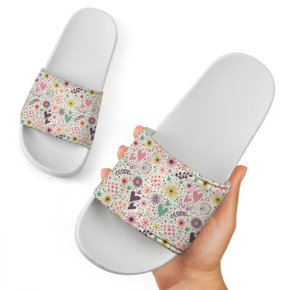 Girly Heart And Flower Pattern Print White Slide Sandals