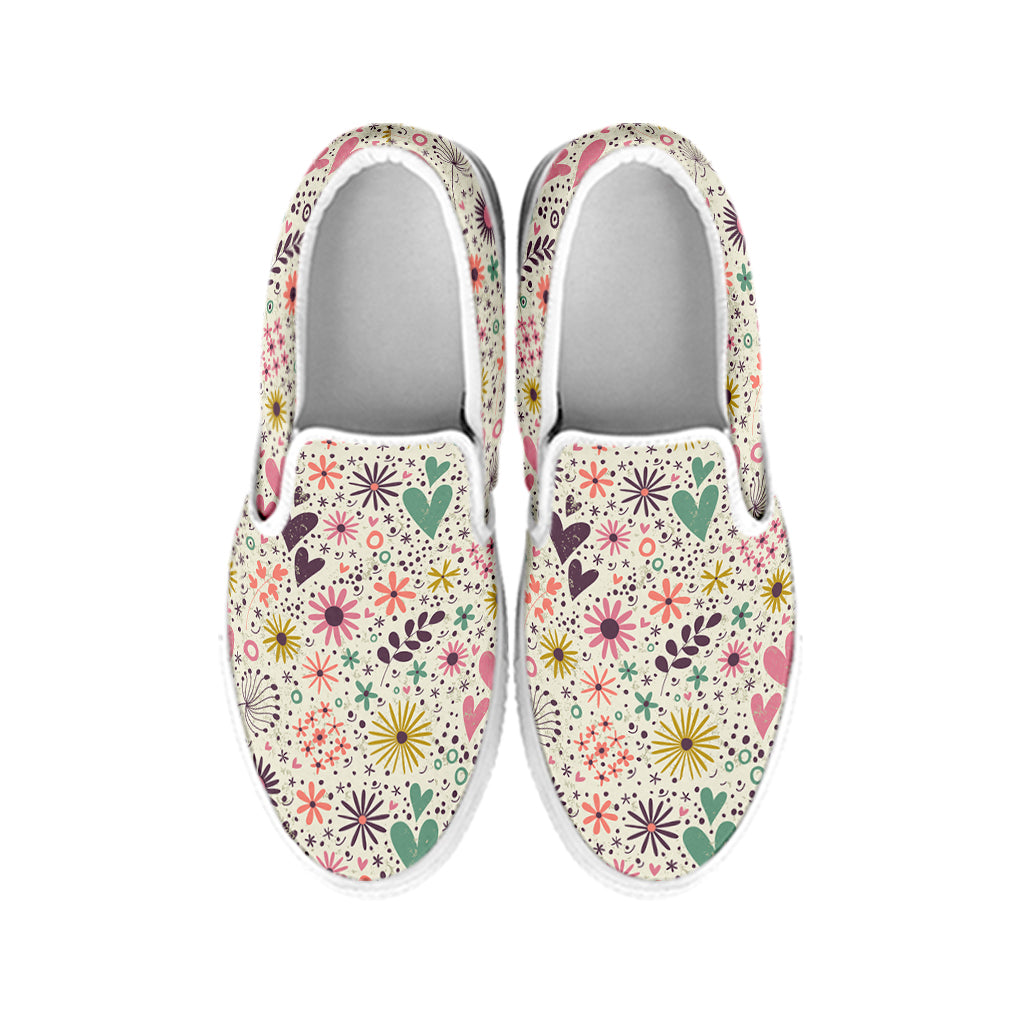 Girly Heart And Flower Pattern Print White Slip On Shoes