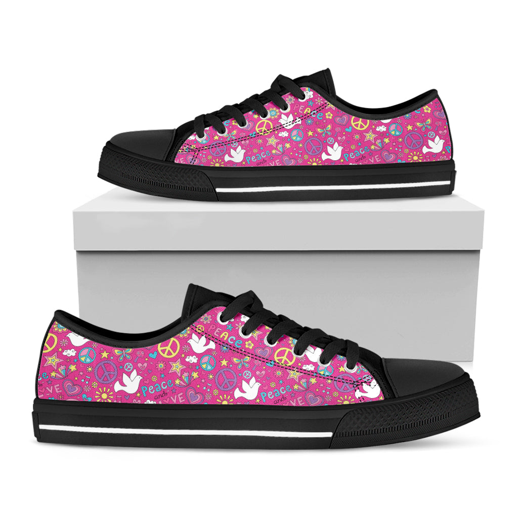 Girly Peace Sign And Love Pattern Print Black Low Top Shoes