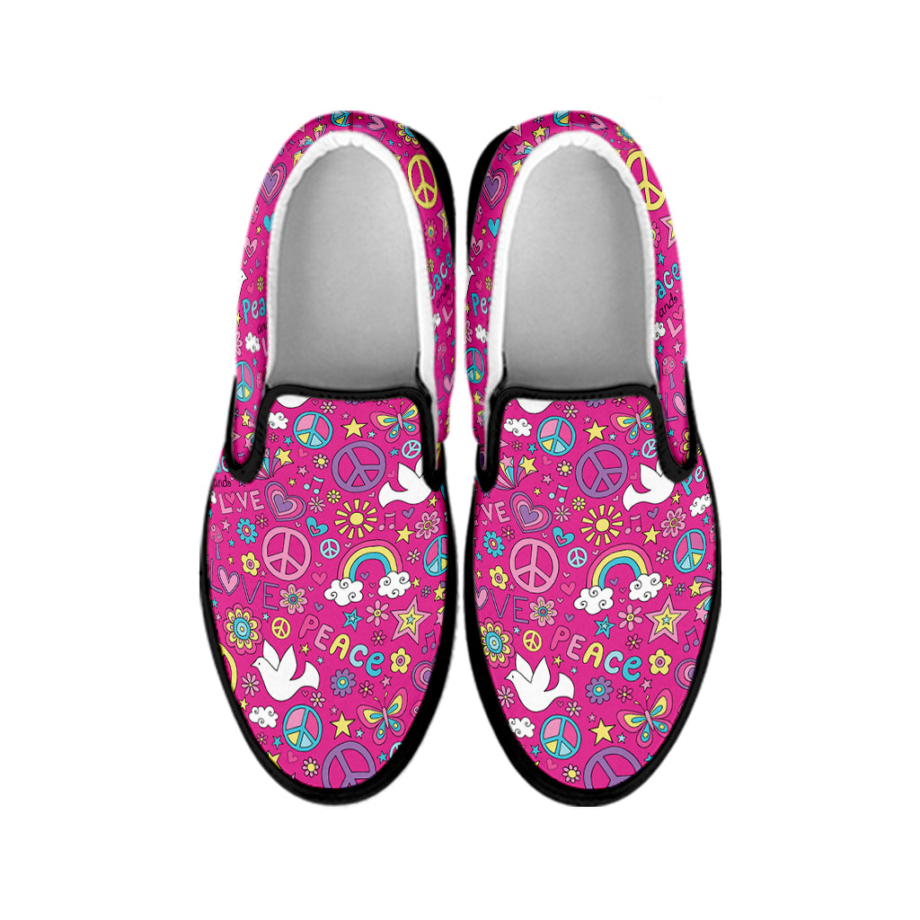 Girly Peace Sign And Love Pattern Print Black Slip On Shoes