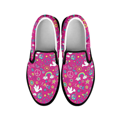 Girly Peace Sign And Love Pattern Print Black Slip On Shoes