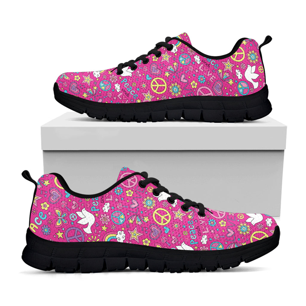 Girly Peace Sign And Love Pattern Print Black Sneakers