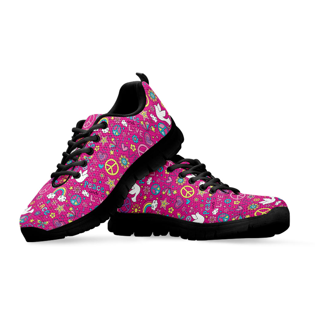 Girly Peace Sign And Love Pattern Print Black Sneakers