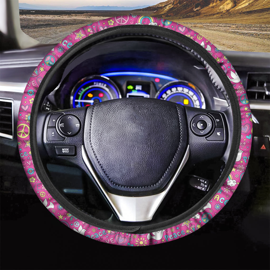 Girly Peace Sign And Love Pattern Print Car Steering Wheel Cover