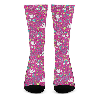 Girly Peace Sign And Love Pattern Print Crew Socks