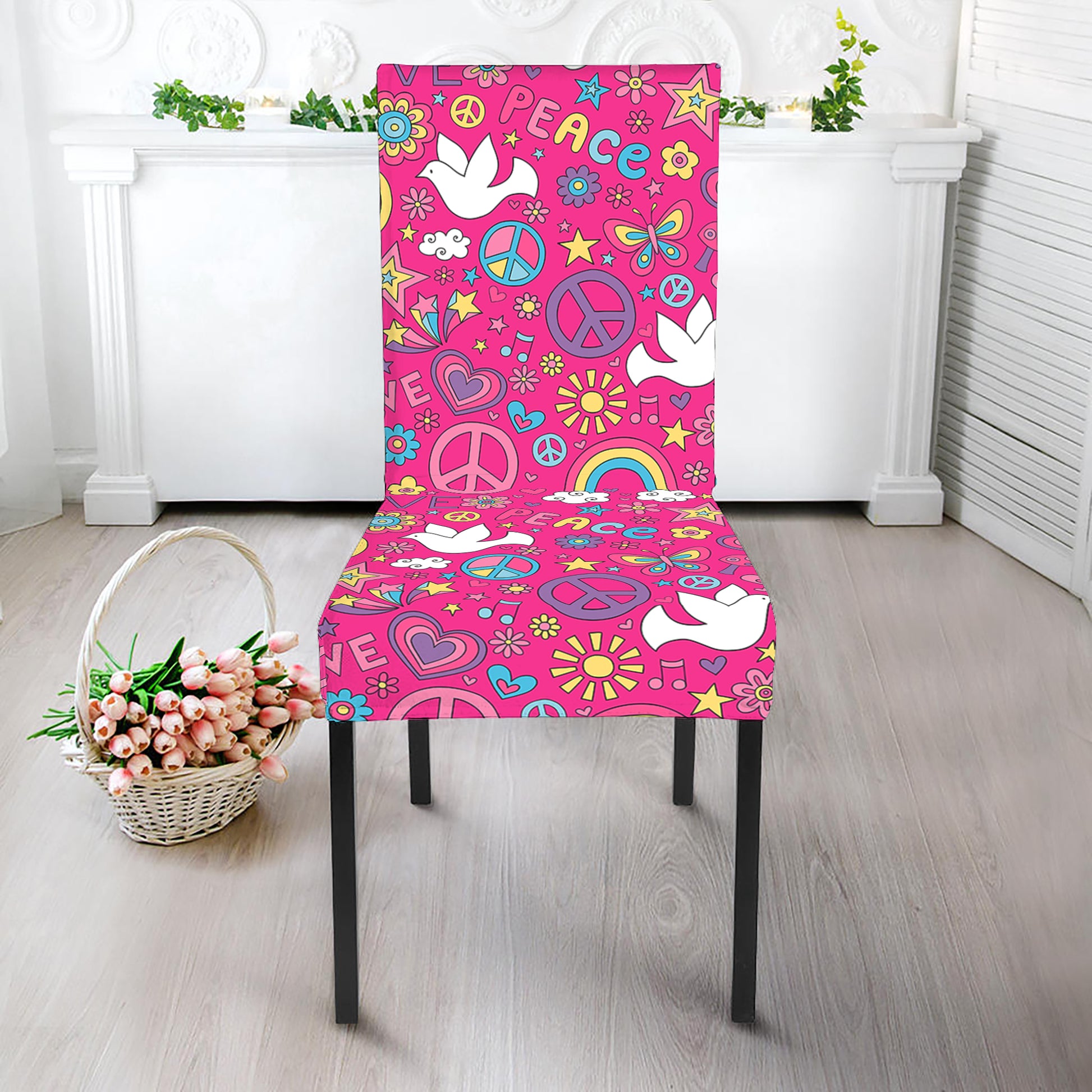 Girly Peace Sign And Love Pattern Print Dining Chair Slipcover
