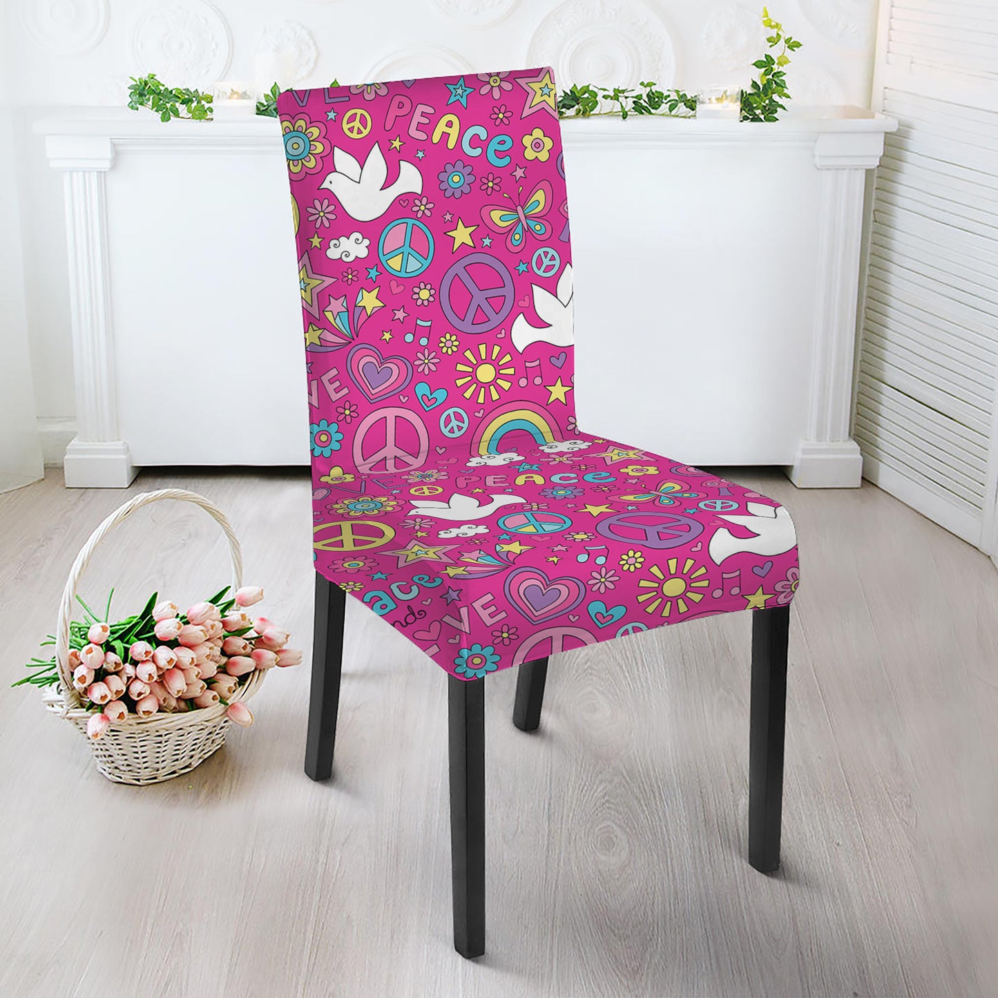 Girly Peace Sign And Love Pattern Print Dining Chair Slipcover