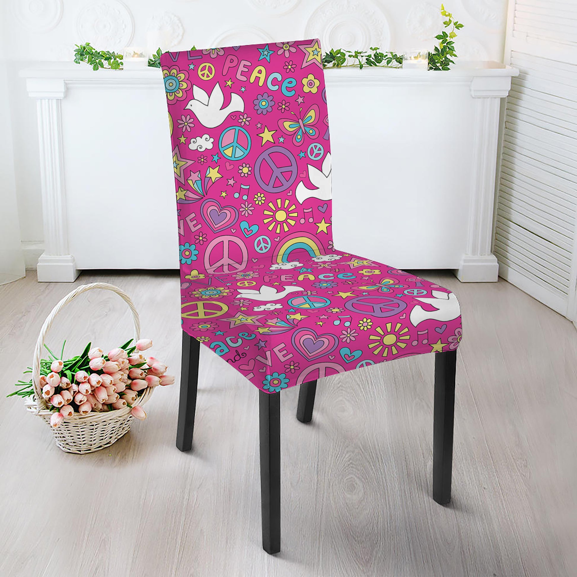 Girly Peace Sign And Love Pattern Print Dining Chair Slipcover