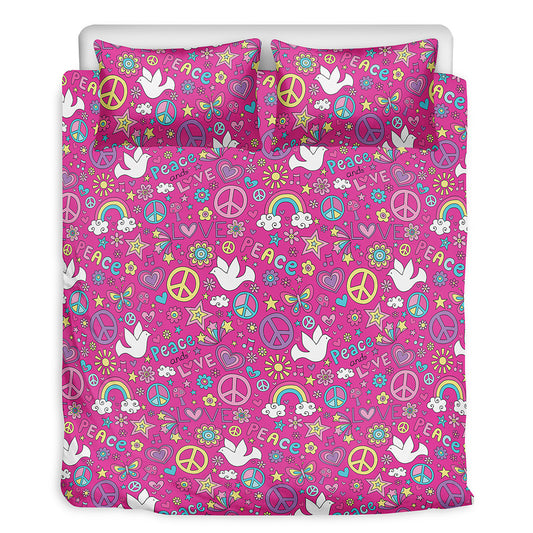 Girly Peace Sign And Love Pattern Print Duvet Cover Bedding Set