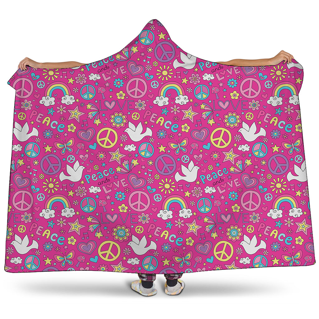 Girly Peace Sign And Love Pattern Print Hooded Blanket