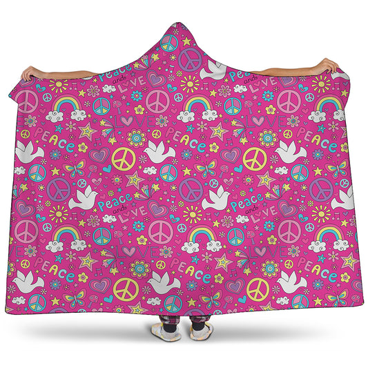 Girly Peace Sign And Love Pattern Print Hooded Blanket