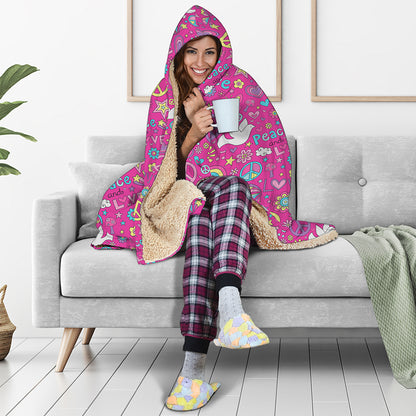 Girly Peace Sign And Love Pattern Print Hooded Blanket