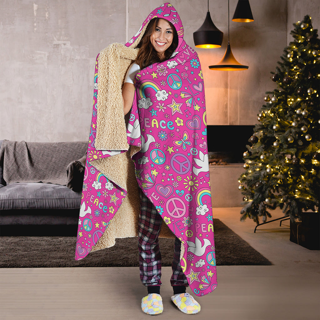 Girly Peace Sign And Love Pattern Print Hooded Blanket