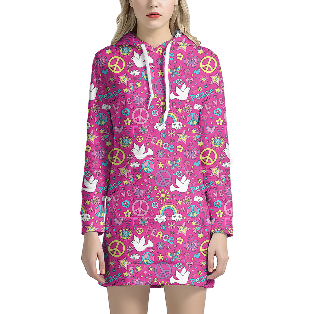 Girly Peace Sign And Love Pattern Print Hoodie Dress
