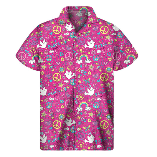 Girly Peace Sign And Love Pattern Print Men's Short Sleeve Shirt