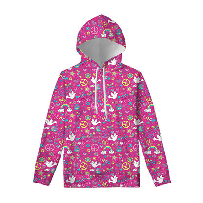 Girly Peace Sign And Love Pattern Print Pullover Hoodie