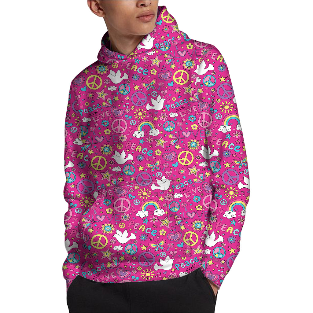 Girly Peace Sign And Love Pattern Print Pullover Hoodie
