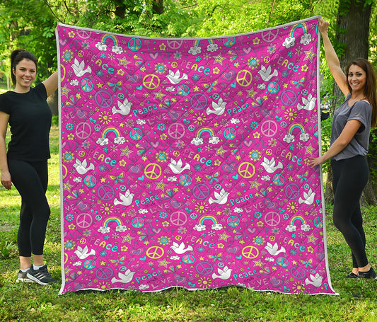 Girly Peace Sign And Love Pattern Print Quilt