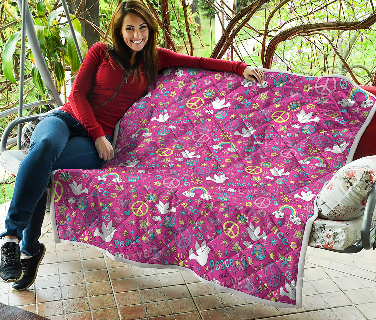 Girly Peace Sign And Love Pattern Print Quilt
