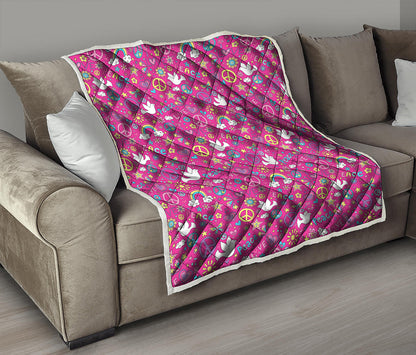 Girly Peace Sign And Love Pattern Print Quilt