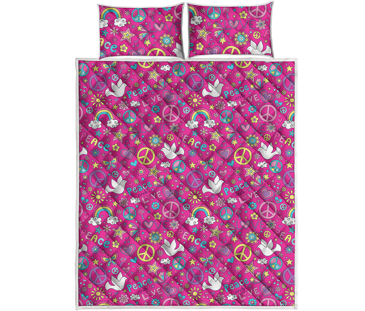 Girly Peace Sign And Love Pattern Print Quilt Bed Set