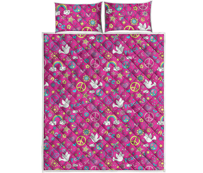 Girly Peace Sign And Love Pattern Print Quilt Bed Set