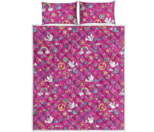 Girly Peace Sign And Love Pattern Print Quilt Bed Set