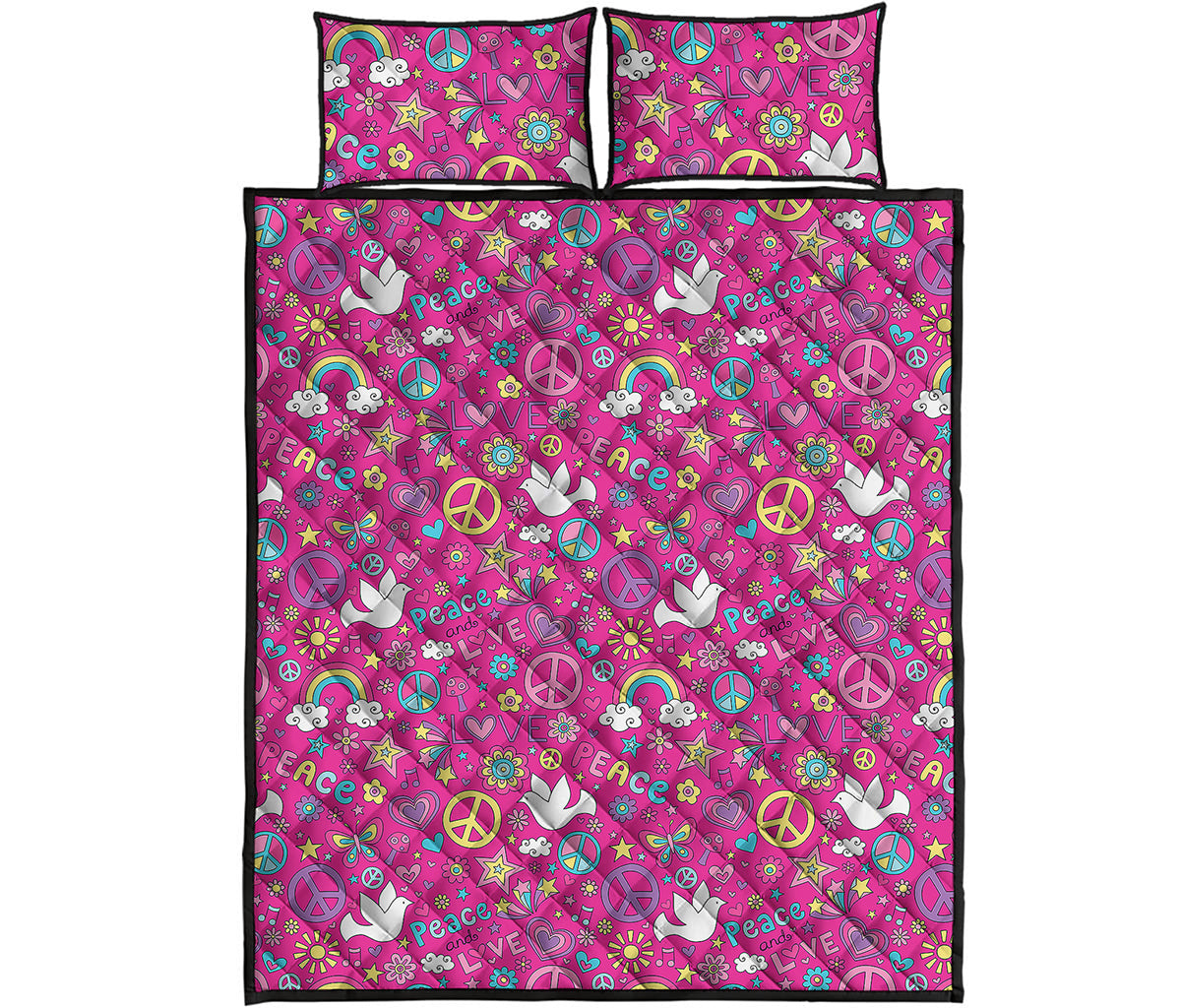 Girly Peace Sign And Love Pattern Print Quilt Bed Set