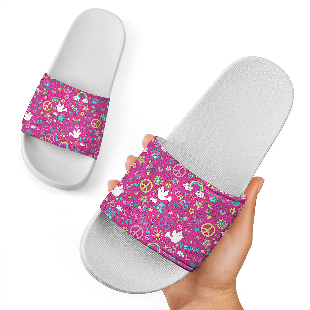 Girly Peace Sign And Love Pattern Print White Slide Sandals