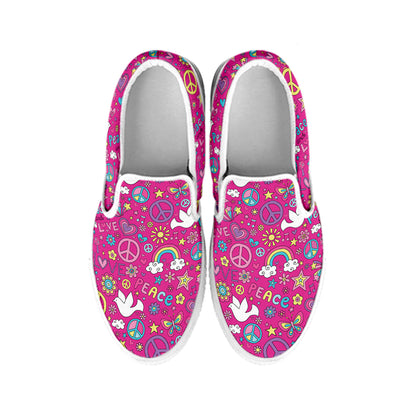 Girly Peace Sign And Love Pattern Print White Slip On Shoes