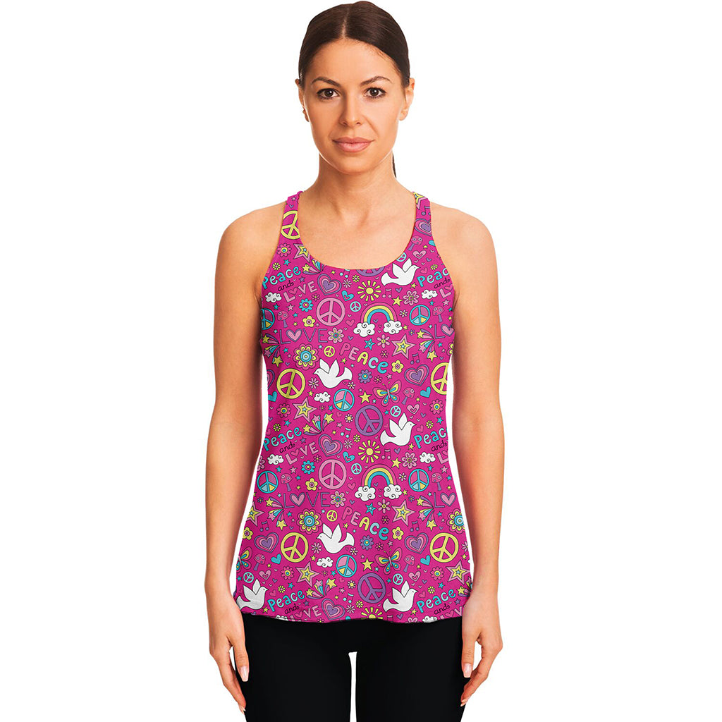 Girly Peace Sign And Love Pattern Print Women's Racerback Tank Top