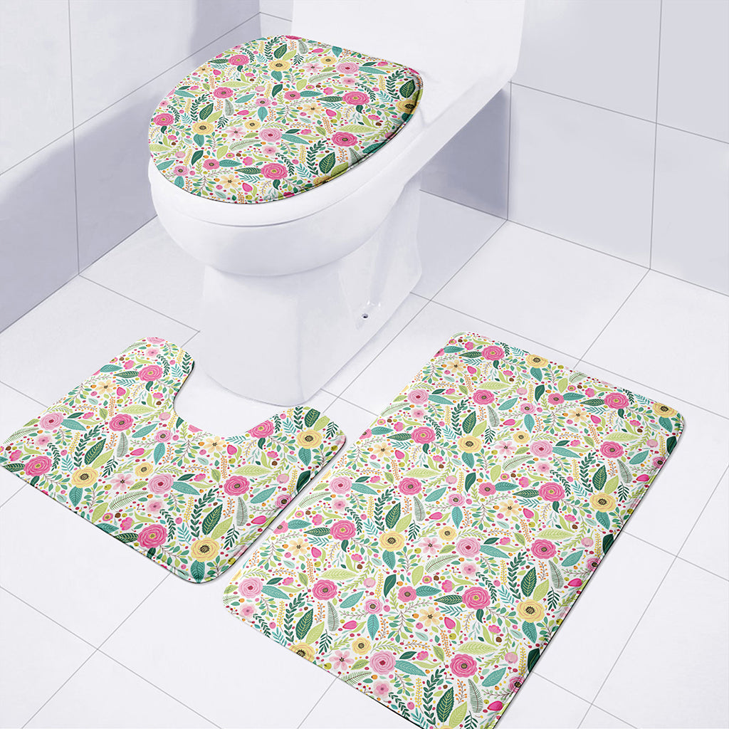 Girly Spring Flower Pattern Print 3 Piece Bath Mat Set
