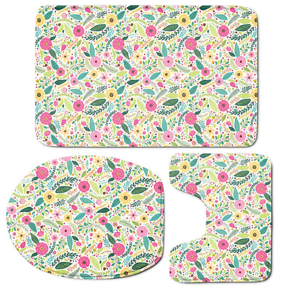Girly Spring Flower Pattern Print 3 Piece Bath Mat Set
