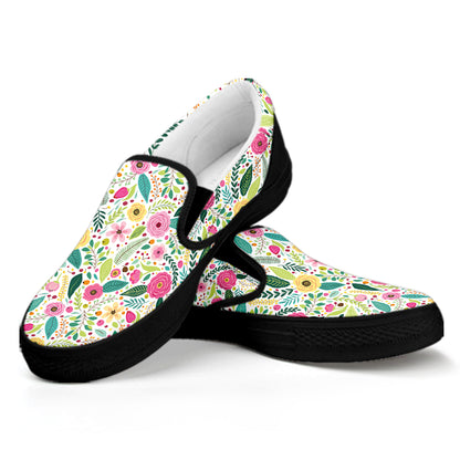 Girly Spring Flower Pattern Print Black Slip On Shoes