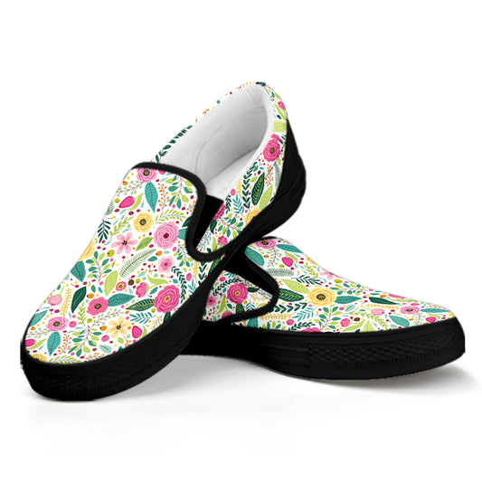 Girly Spring Flower Pattern Print Black Slip On Shoes