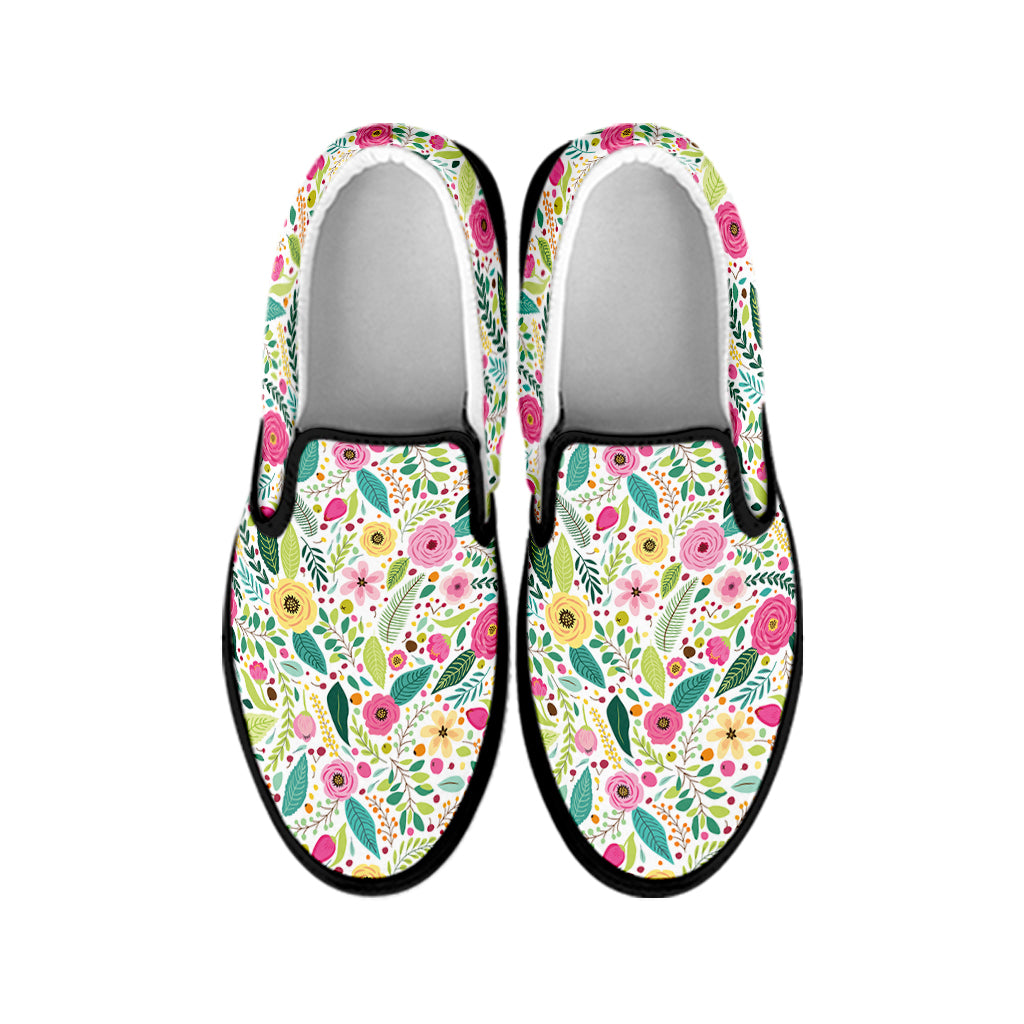 Girly Spring Flower Pattern Print Black Slip On Shoes