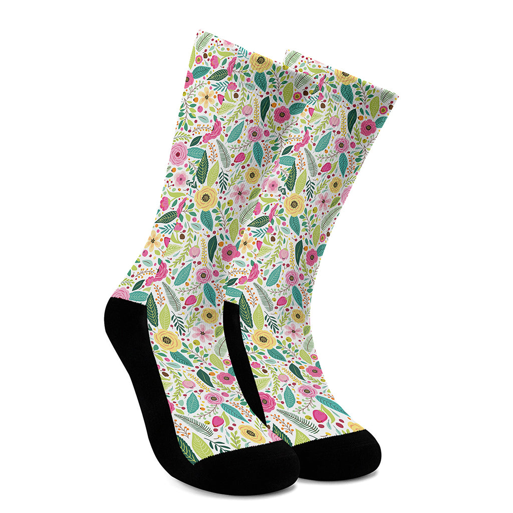 Girly Spring Flower Pattern Print Crew Socks