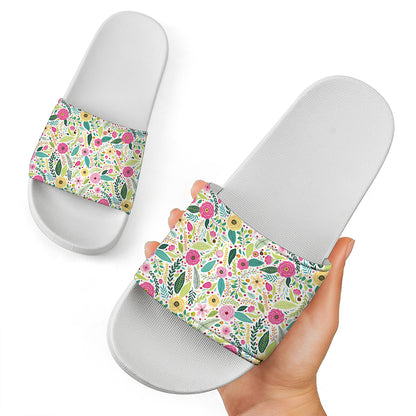 Girly Spring Flower Pattern Print White Slide Sandals