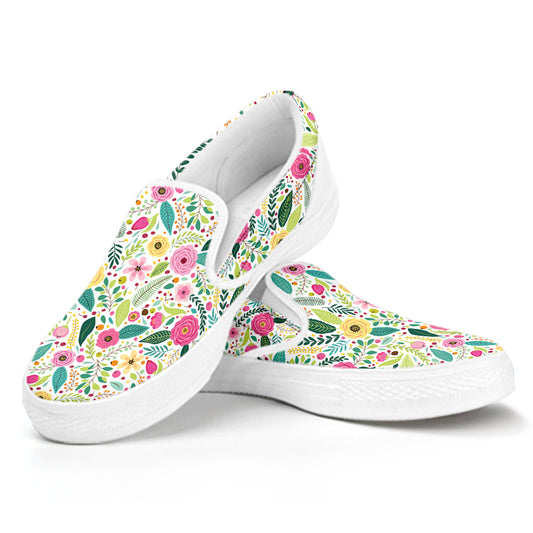 Girly Spring Flower Pattern Print White Slip On Shoes