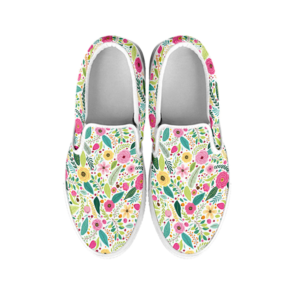 Girly Spring Flower Pattern Print White Slip On Shoes