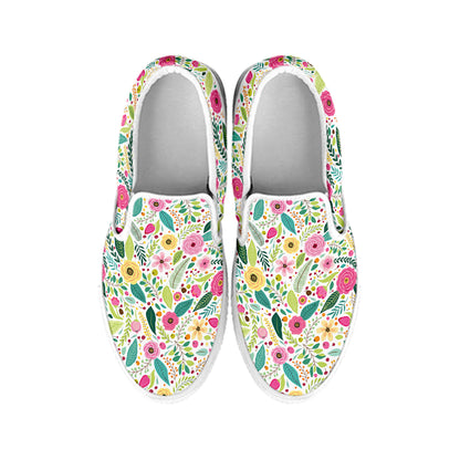 Girly Spring Flower Pattern Print White Slip On Shoes