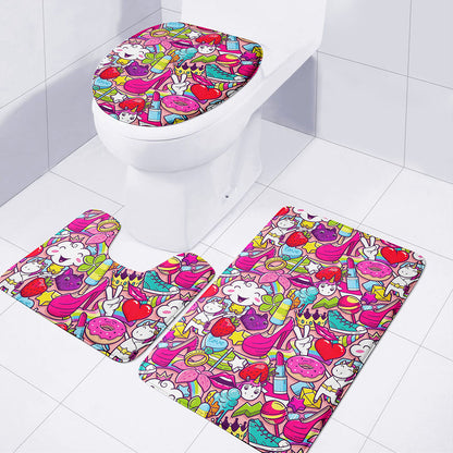 Girly Unicorn Cartoon Pattern Print 3 Piece Bath Mat Set