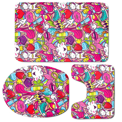 Girly Unicorn Cartoon Pattern Print 3 Piece Bath Mat Set