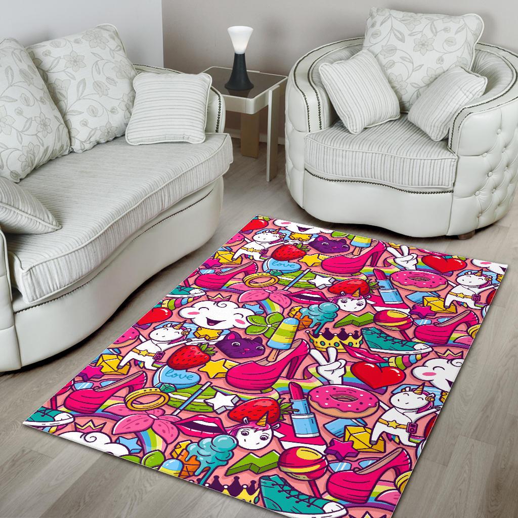 Girly Unicorn Cartoon Pattern Print Area Rug GearFrost