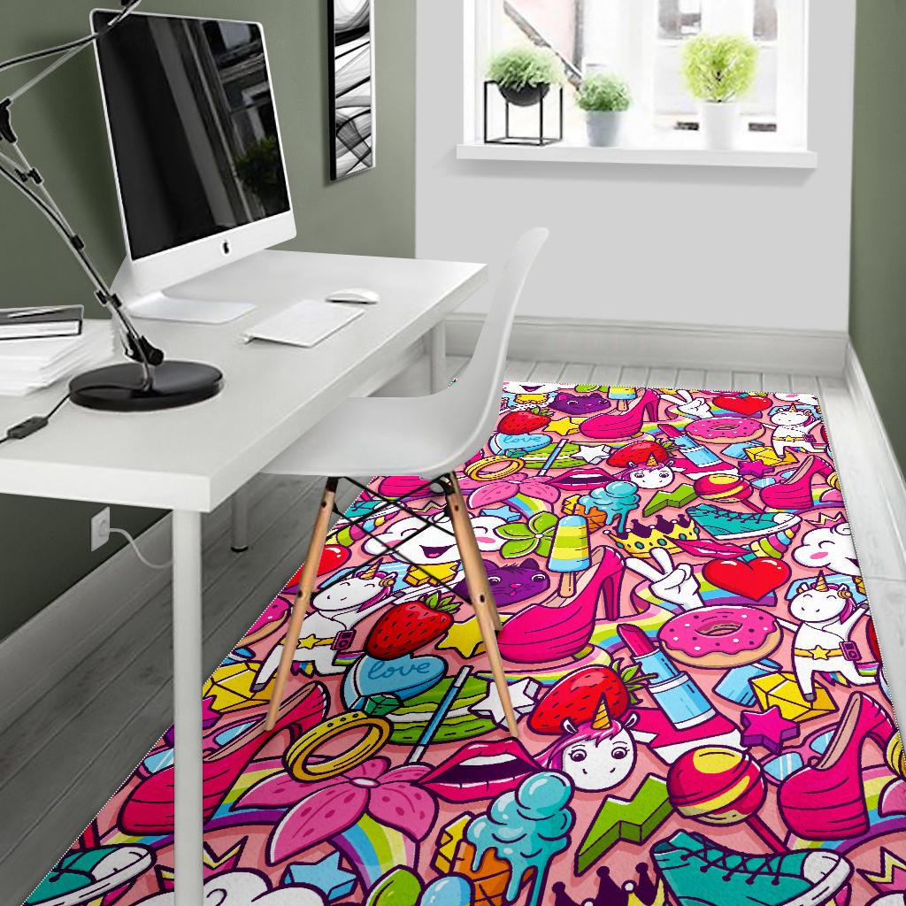 Girly Unicorn Cartoon Pattern Print Area Rug GearFrost